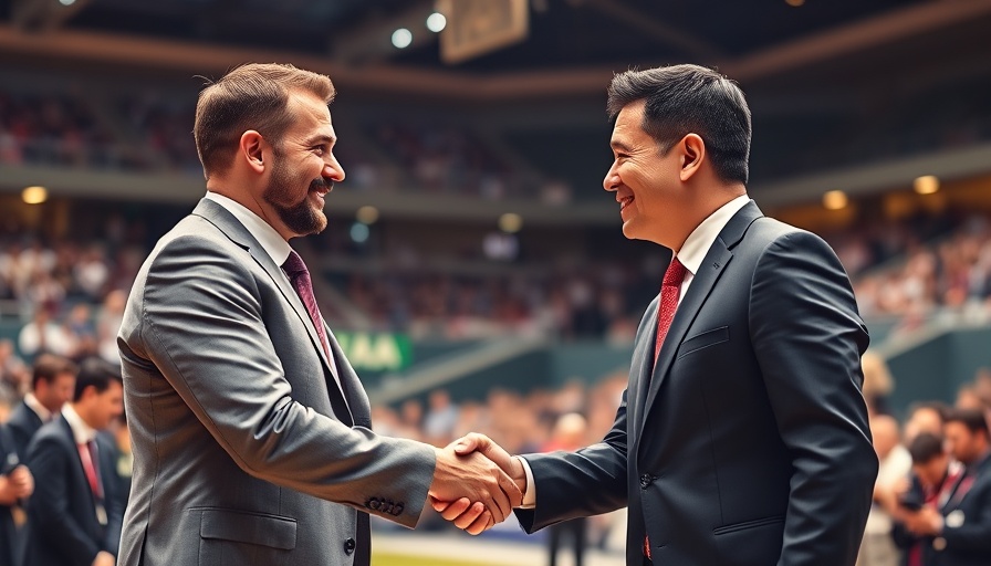 Prominent individuals shaking hands at a sports event, Trump on Tariffs Supreme Court.