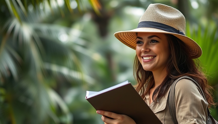 Woman observing potential deforestation violations in tropical field.