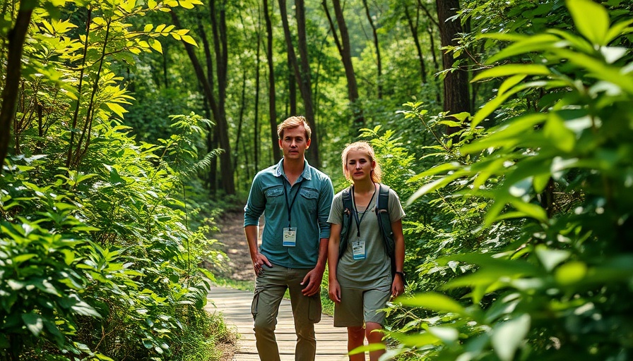 Environmental defenders observing forest, highlighting conservation efforts.
