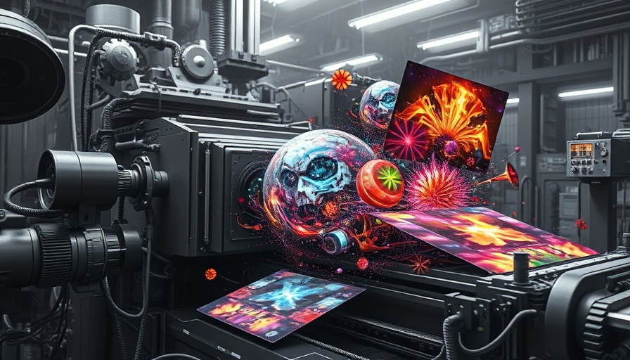 Surreal AI image generation process with colorful images from a digital press.