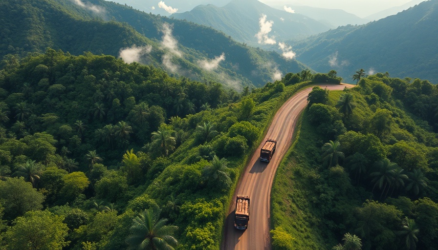 Green landscape with trucks on a dirt road for biomass co-firing in Indonesia.