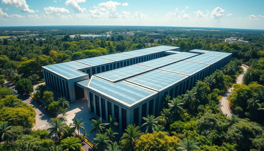 Aerial view of modern data center amid greenery, Southeast Asia.