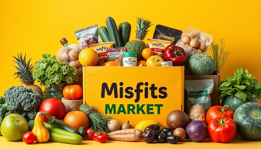 Assorted sustainable groceries with Misfits Market box against yellow background.