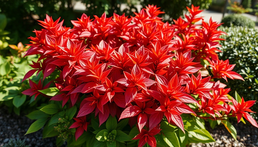 Vibrant Japanese Andromeda bush with lush red leaves in sunlight.