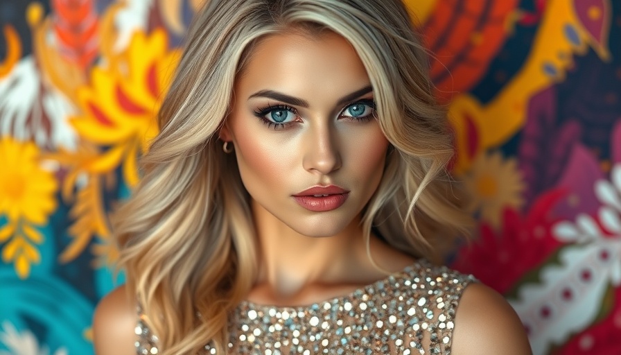 Stylish blonde woman in a sequined dress, vibrant background, intrigued.