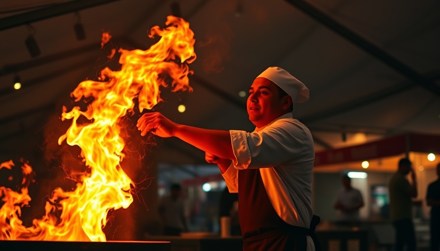 Chef managing flames at Gilroy Garlic Festival, vibrant fire display