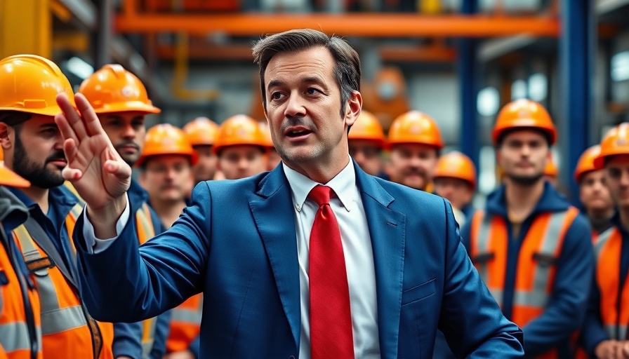 Confident man speaks to construction workers on tariffs.