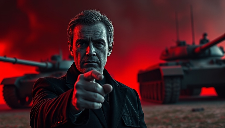 High-contrast image of two figures shaking hands with a tank background.