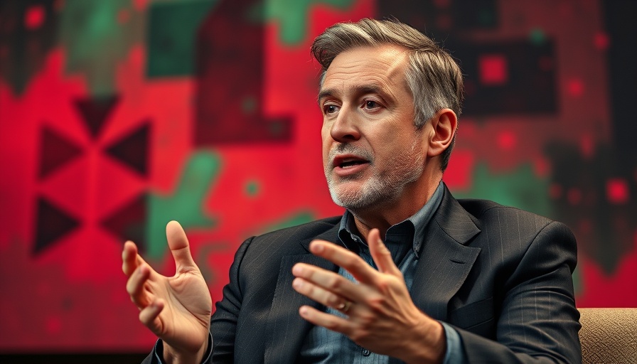 Mature man in suit discusses important topic in front of colorful abstract background.