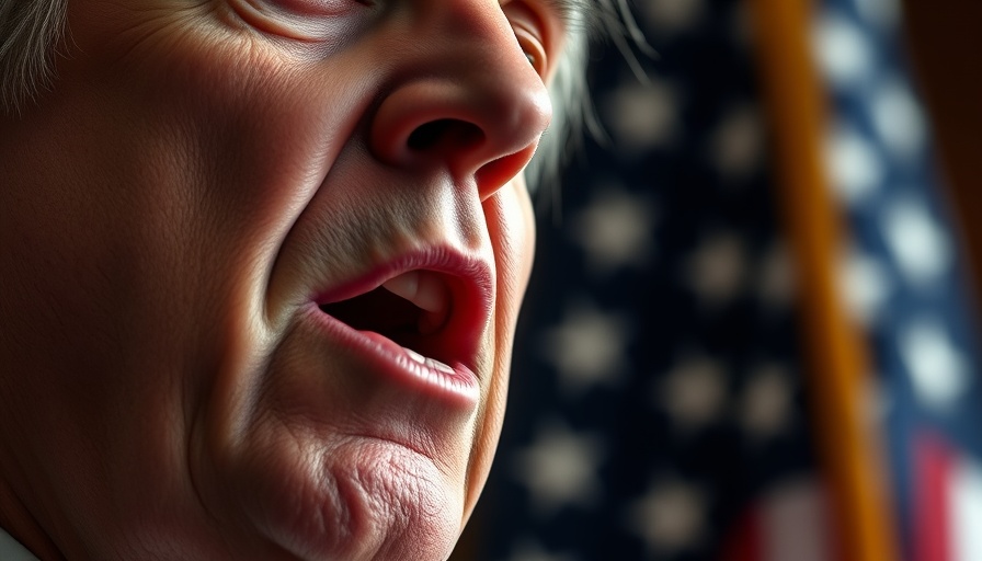 Close-up of person discussing trade agreement violations in front of American flag.