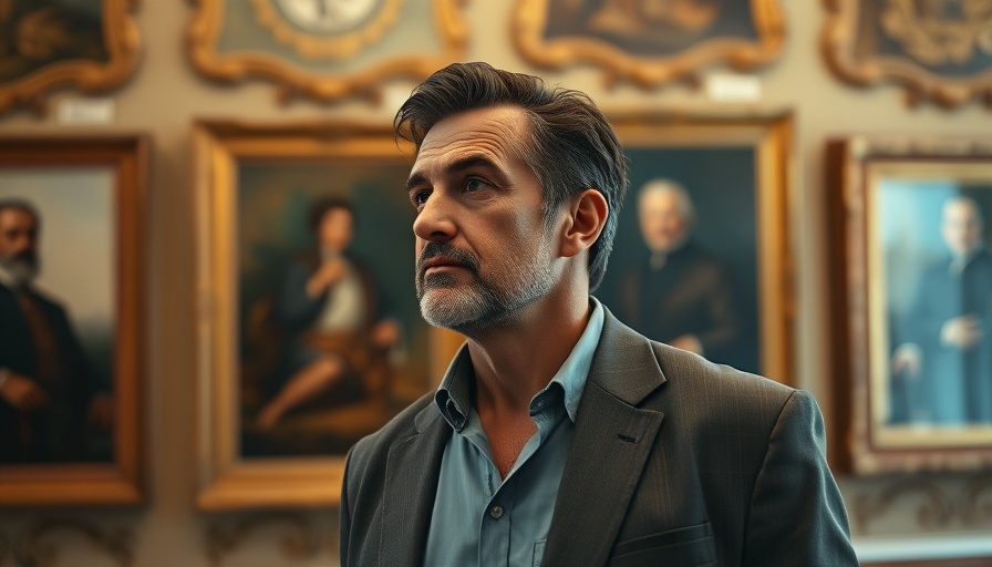Man in a blazer gazes in ornate room, blurred background.