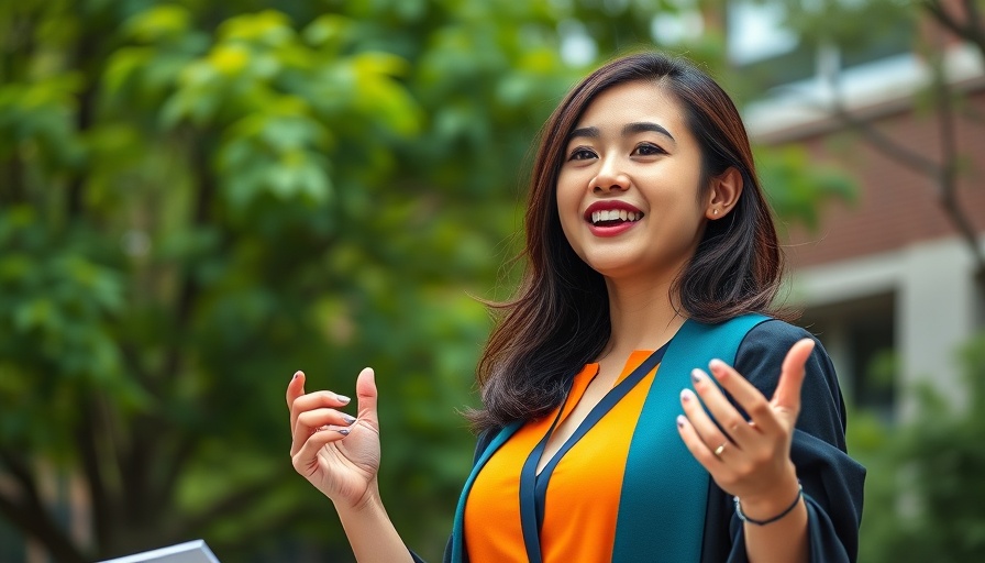 Harvard commencement speech, woman enthusiastically speaking outdoors.