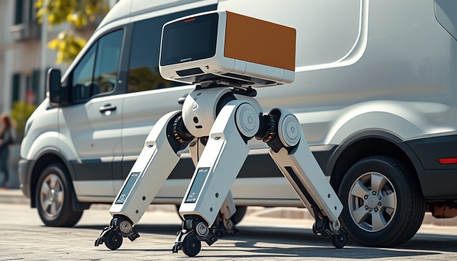 Futuristic delivery robot standing beside a van showcasing robotics technology.