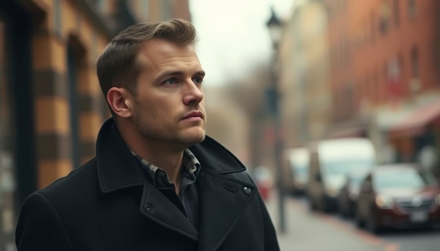 Thoughtful man outdoors with blurred urban background.