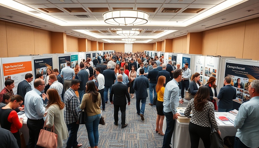 People at a job fair in a conference room with booths, bright atmosphere.