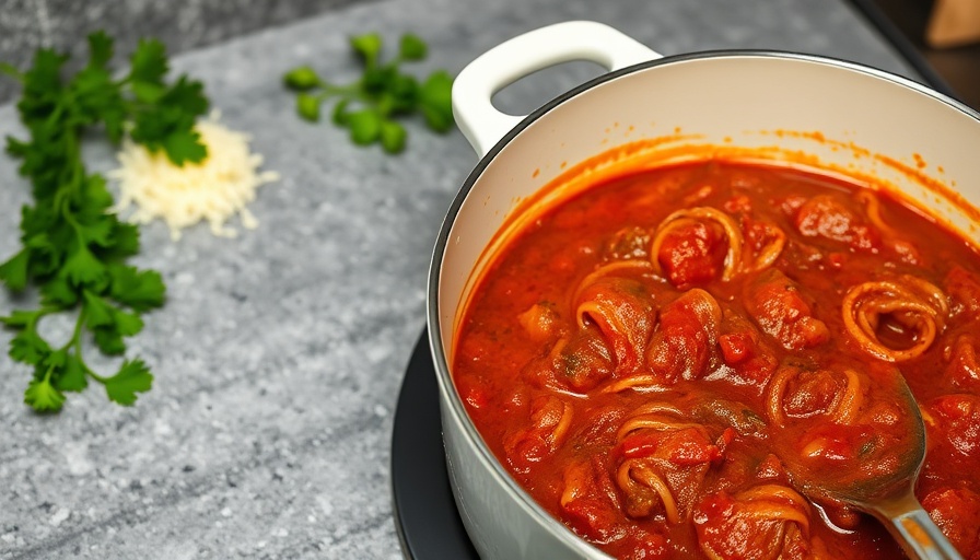 Homemade spaghetti sauce simmering in white pot.
