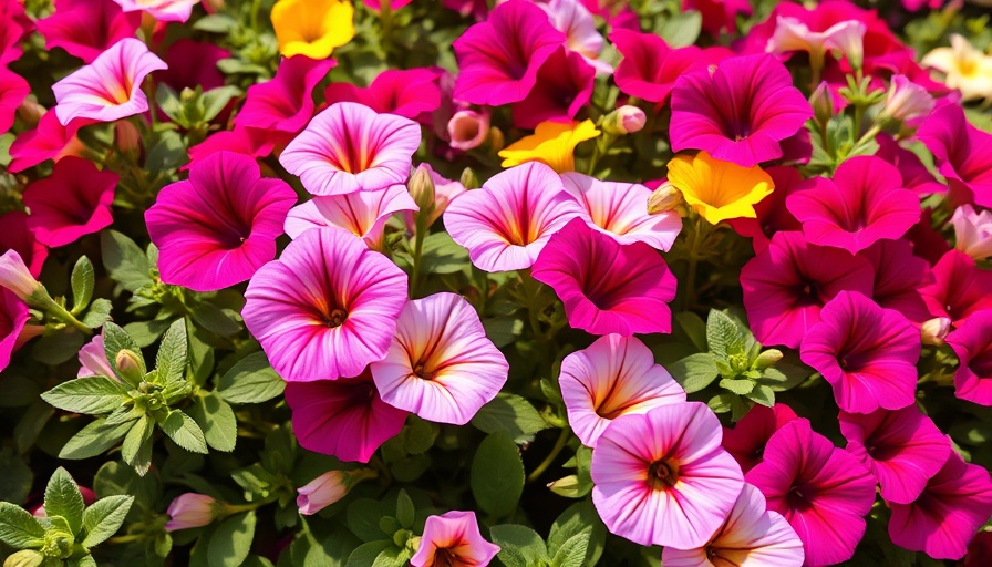 Vibrant display of various types of petunia plants in bloom.