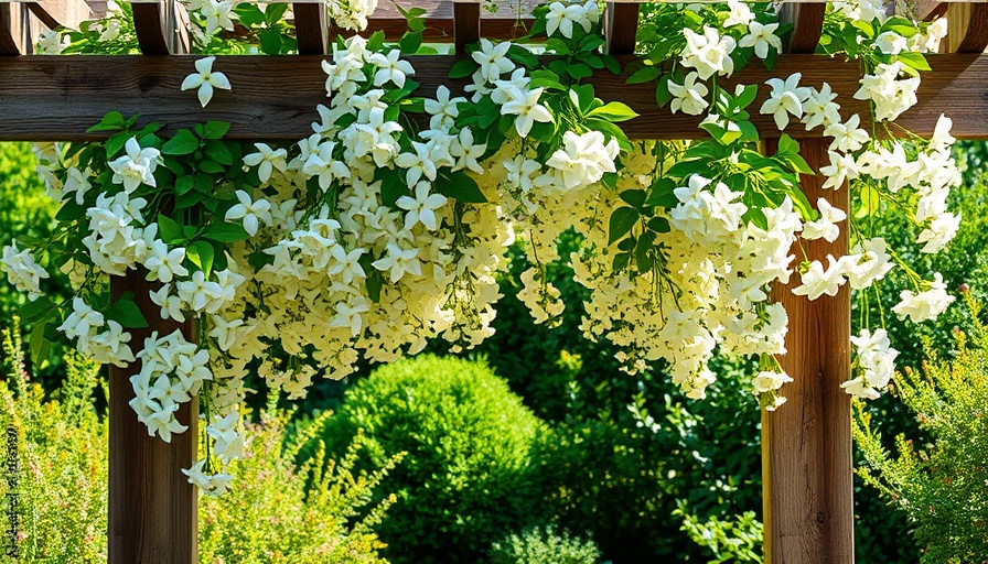 Jasmine flowers on arbor, gardening tips scene.