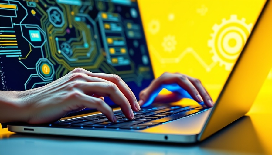 Hands typing on laptop with digital interface, AI-powered tools concept.