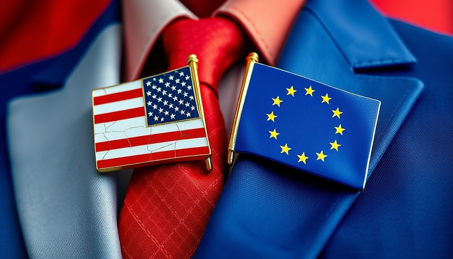 Cracked American and European flag pins on suit background.