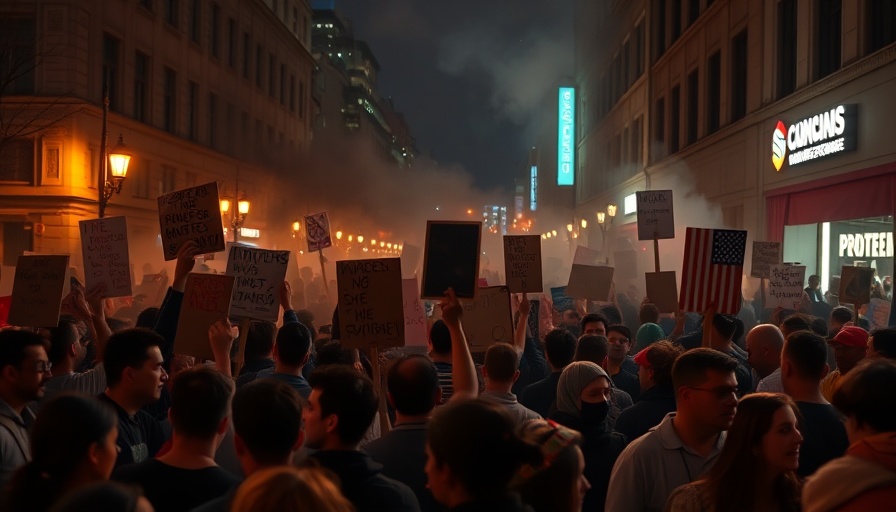 Protesters at nighttime rally holding signs in smoky environment