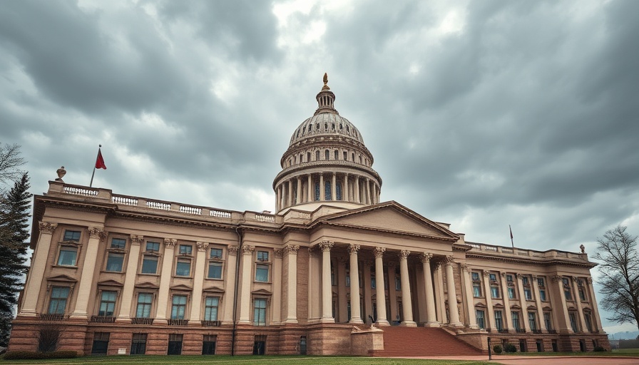 Government building with dome and columns under a cloudy sky, representing the impact of revenge tax on businesses.