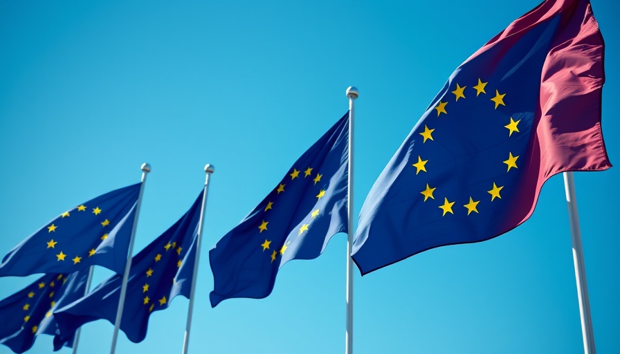 European Union flags waving against blue sky.