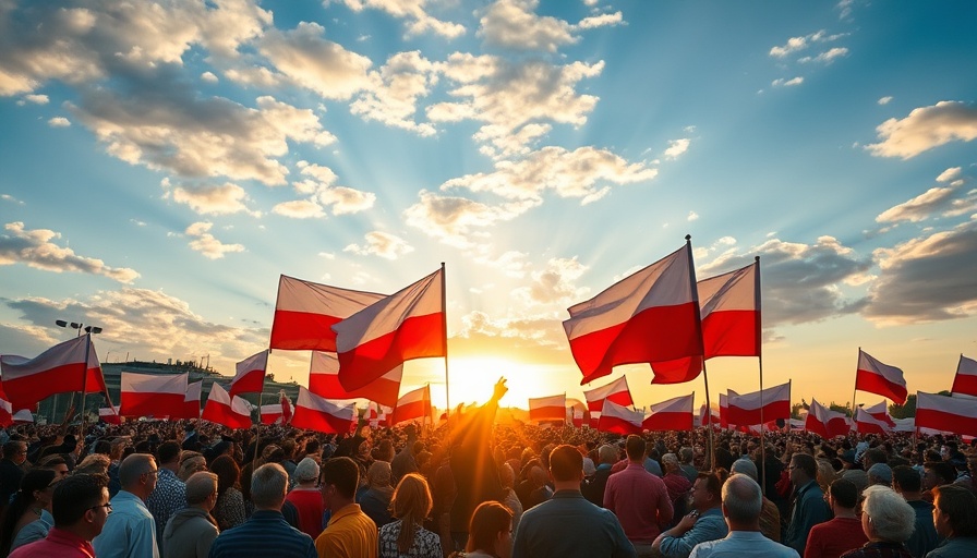 Crowd at Poland presidential election rally 2025 with flags and vibrant sky.