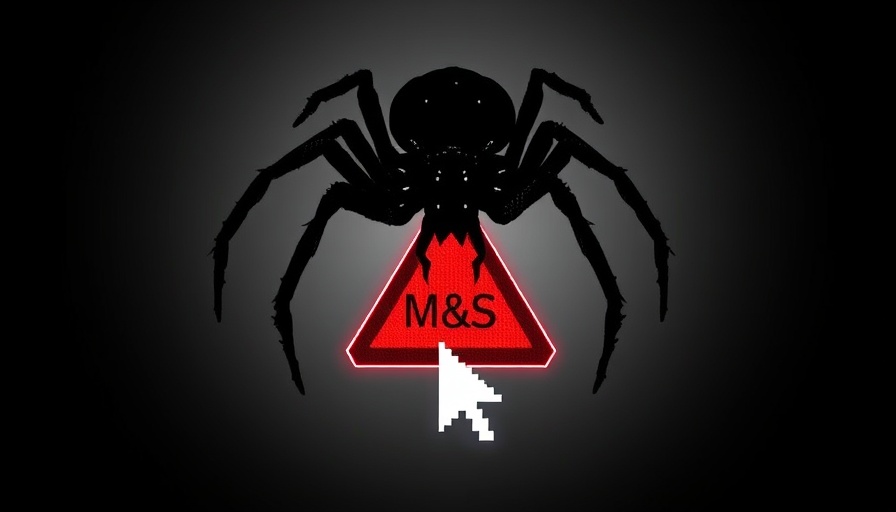 Digital art of M&S cyber threat with spider and warning symbol.