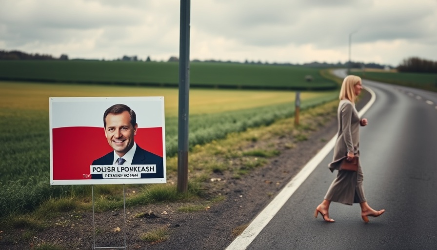 Poland presidential election posters by roadside with woman walking by.