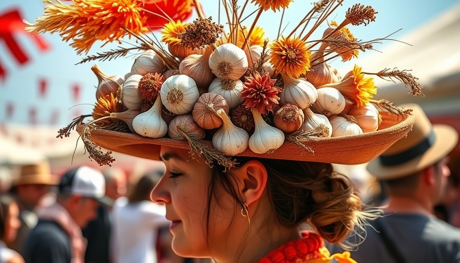 Creative garlic hat at Gilroy Garlic Festival return, festival attendee.