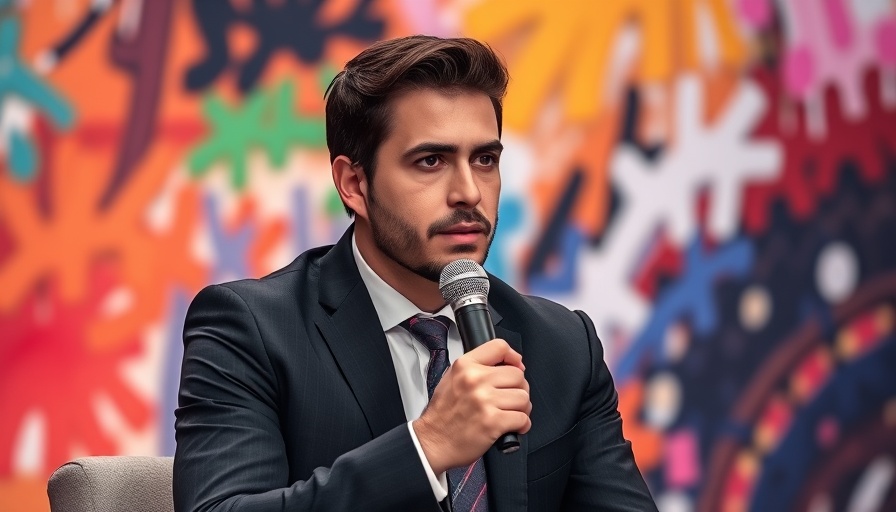 OpenAI CEO in a suit holding a microphone, colorful backdrop.
