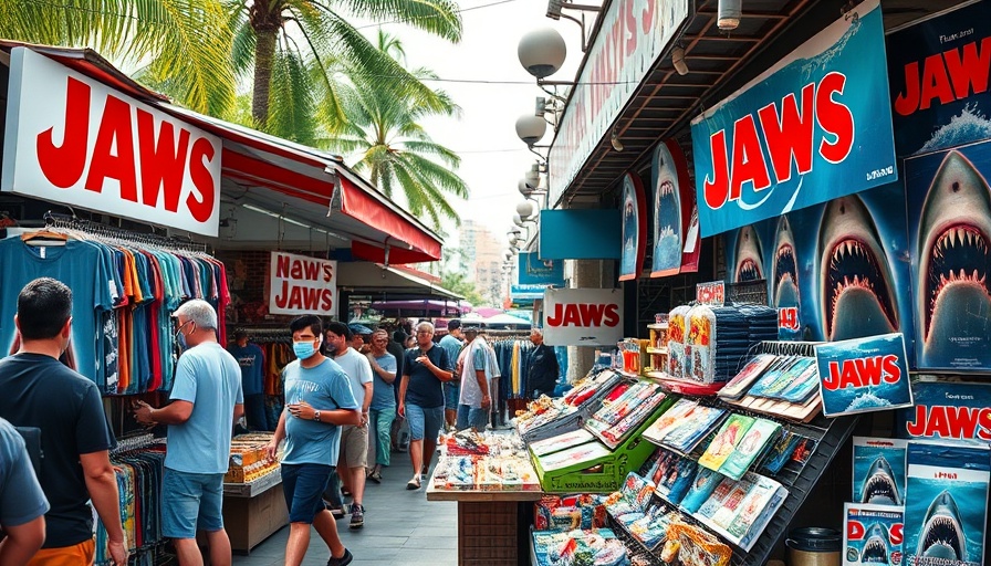Jaws merchandise showcasing cultural impact on swimming attire.