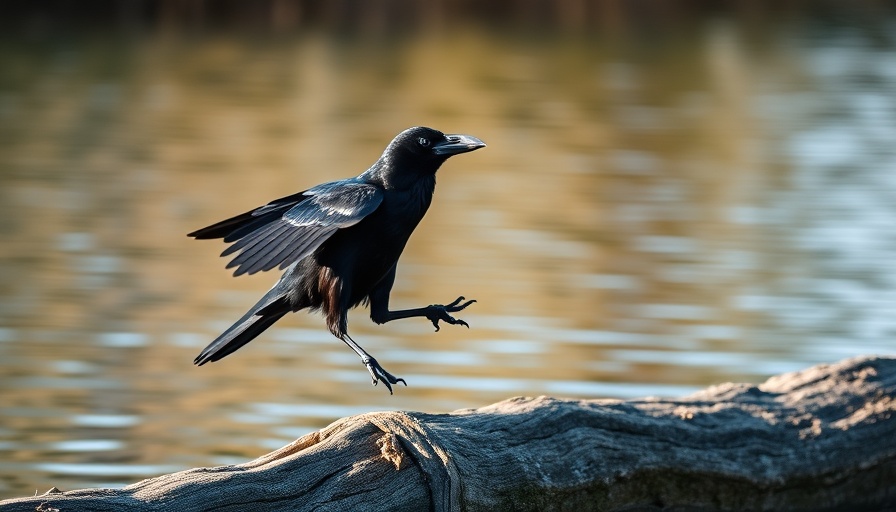 Black crow leaping over log by water, Richmond crow control scene.