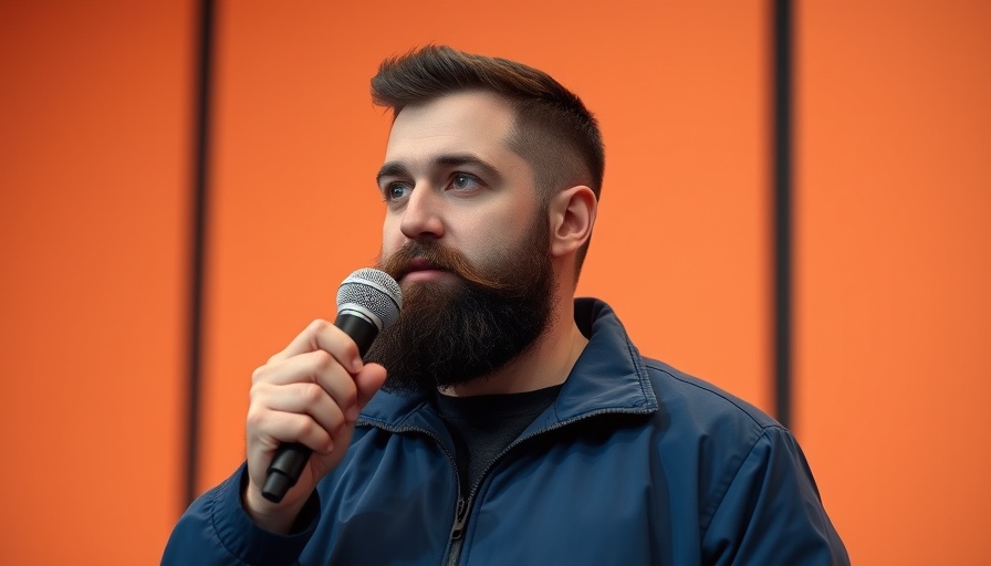 Bearded man speaking with a microphone, discussing AI-powered rollups.