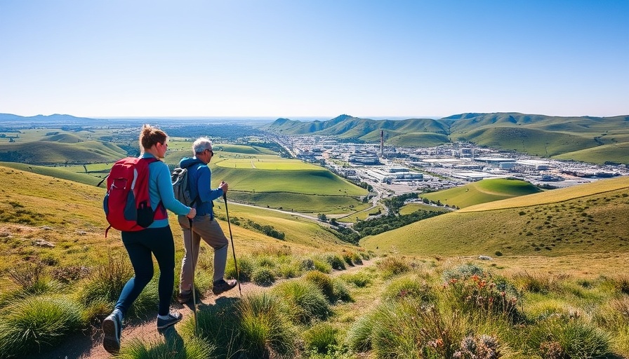 Hikers on Bay Area island trail with industrial backdrop.