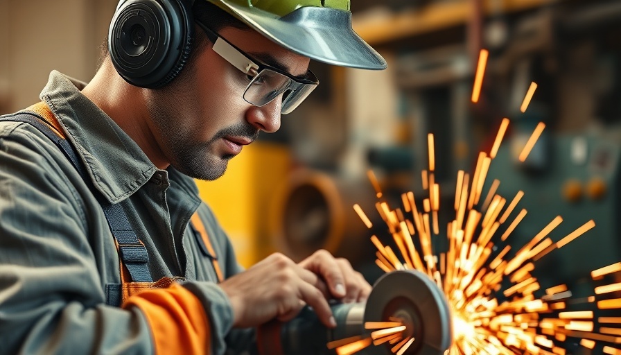 Industrial worker grinding metal in UK factory with sparks flying.