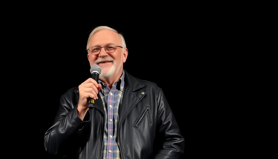 Big Tech stocks return to S&P 500 with smiling speaker in leather jacket.