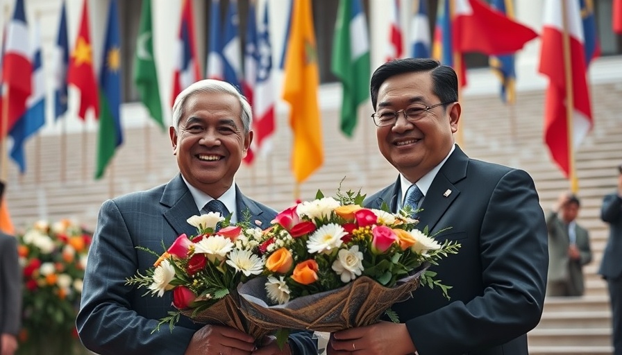 Two leaders in a welcoming ceremony surrounded by flags.