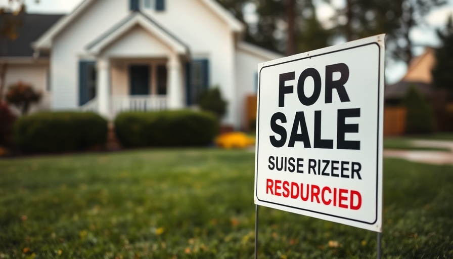 For sale sign with price reduced in suburban yard, housing market decline.