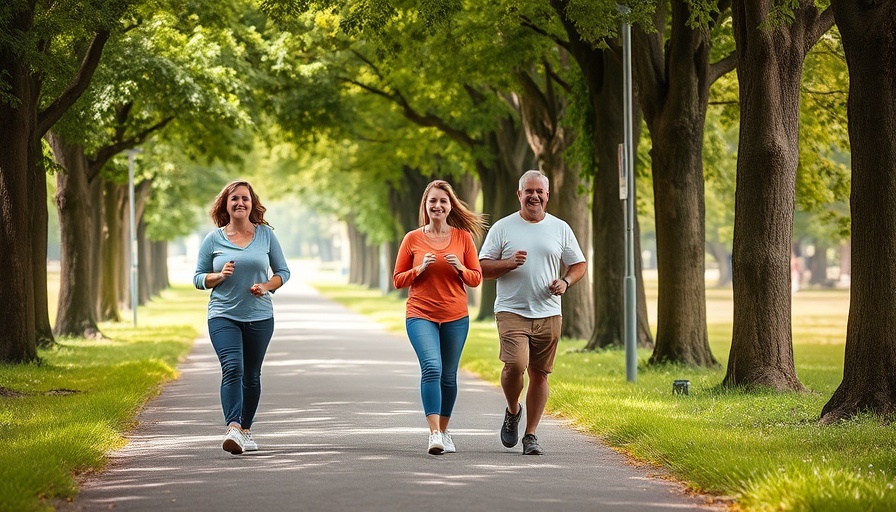 Three adults walking on a tree-lined path, promoting colon cancer survival rates through exercise.