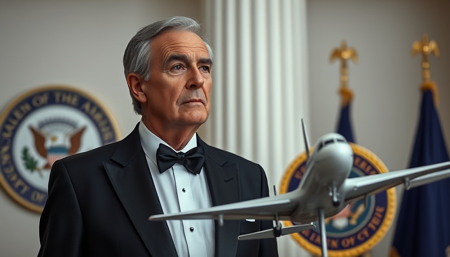 Elderly man in tuxedo with model airplane, Trump tariffs and economic growth discussion.