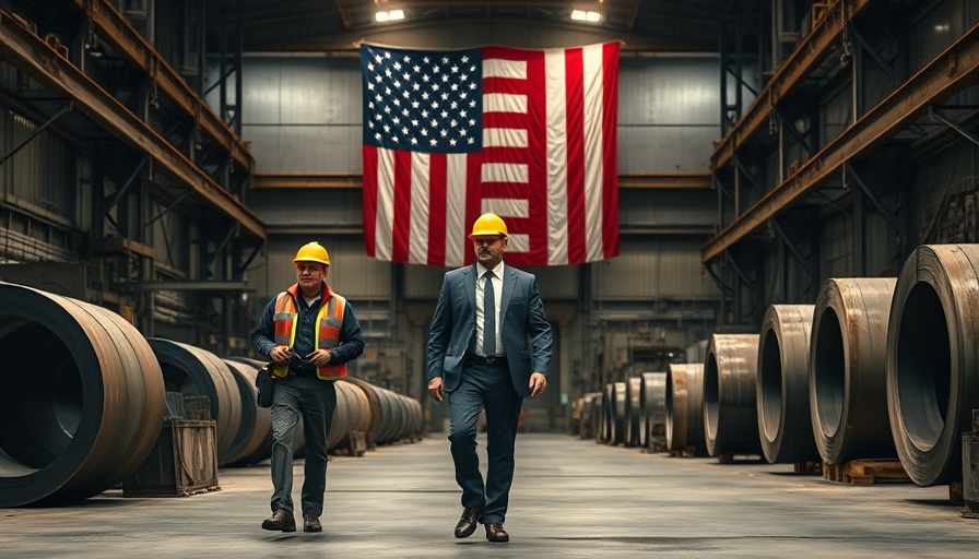 Impact of rising steel tariffs on grocery prices highlighted in factory image.