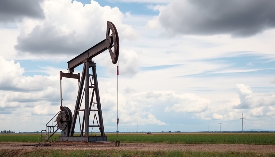 Oil pump jack in rural field under a clouded sky.