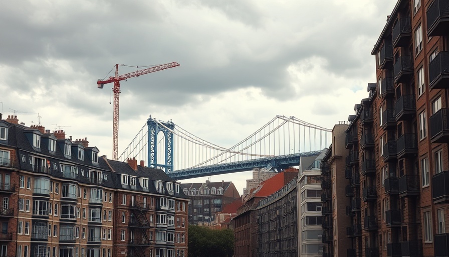 Residential buildings and crane near iconic bridge in urban landscape.
