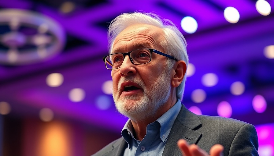 Distinguished gentleman at conference speaking energetically, vibrant setting.