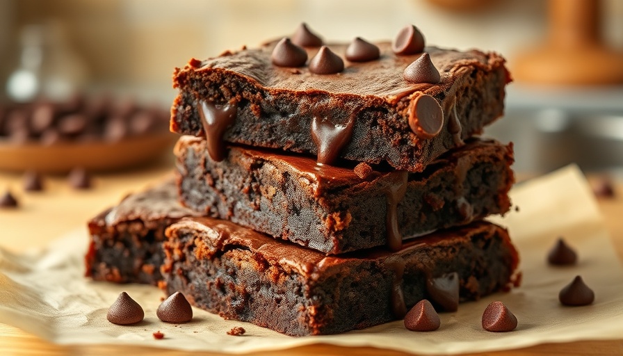 Delicious homemade brownie recipe stack with melted chocolate.