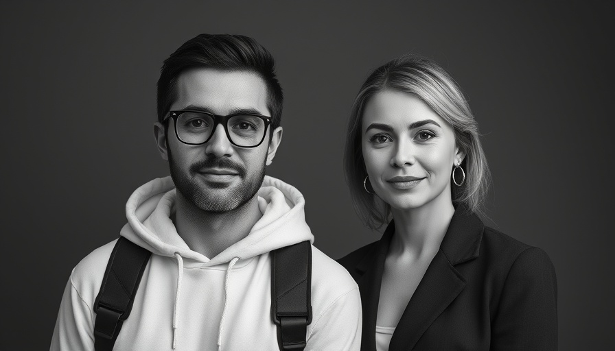 Black and white portrait of a man in glasses and woman in a blazer, next chapter in technology.