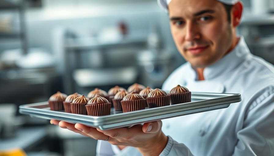 Pastry chef inspecting chocolates in an industrial kitchen.
