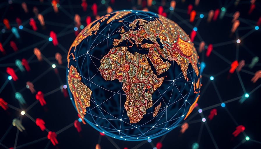 Cartoon of global network with diverse figures for remote developer recruiting.